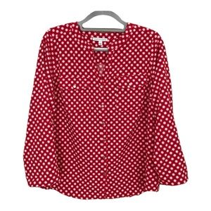 Notations Polka Dot Three Quarter Sleeve Button Down Blouse Size Large